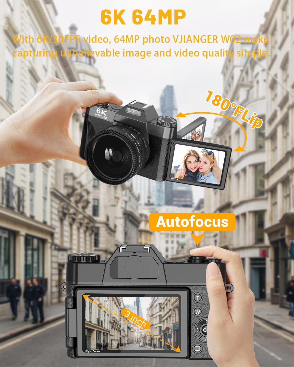 2024 Upgrade VJIANGER Digital Camera for Photography Vlogging Camera for YouTube with WiFi, 180° Flip Screen, 16X Digital Zoom, 52mm Lens, 2 Batteries, 32GB Micro SD Card(Black) - Image 3