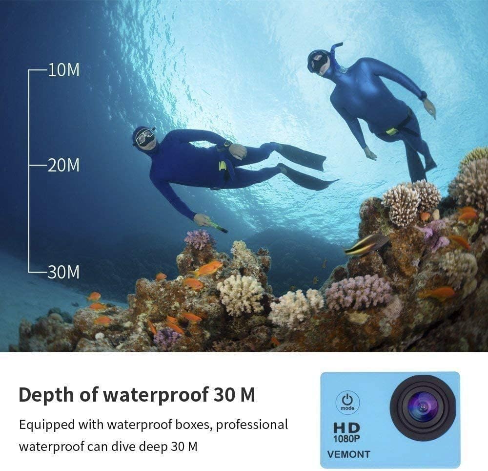 VEMONT Action Camera, 1080P 12MP Sports Camera Full HD 2.0 Inch Action Cam 30m/98ft Underwater Waterproof Camera with Mounting Accessories Kit - Image 4
